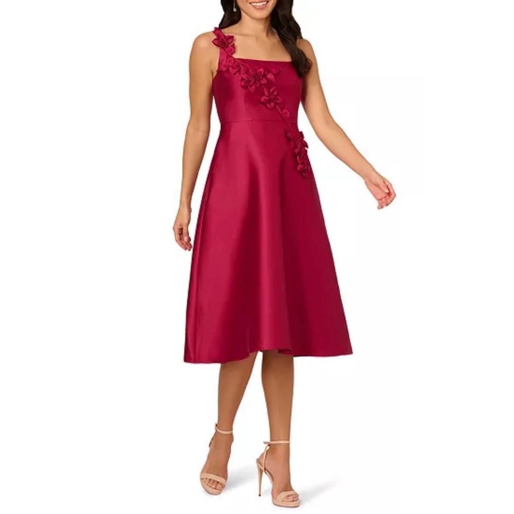 Adrianna Papell Mikado 3D Flower Midi Dress Plum Red Fit Flare Pockets Sz 4